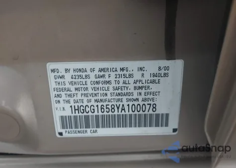 2000 Honda Accord 3.0 Ex from USA, damaged, VIN 1HGCG1658YA100078